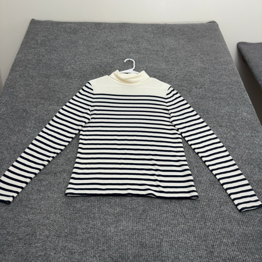 J Crew Sweater Womens L White Cotton Striped Turtleneck Classic Preppy
